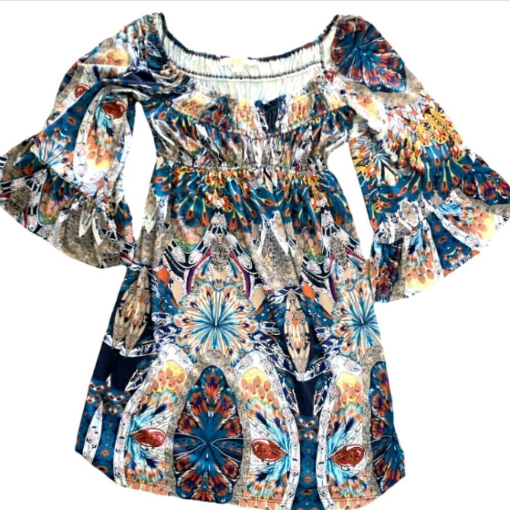 Boston Proper Dress Bell Sleeve Peacock Feather Print‎ Sz XS #352B